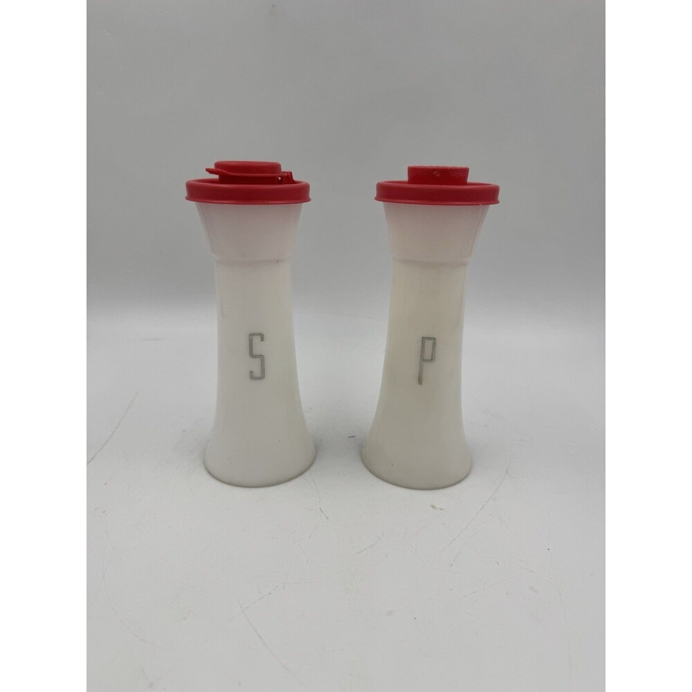 Set of Salt and Pepper Shaker Plastic Tupperware Silver Letters Red Lid Damaged